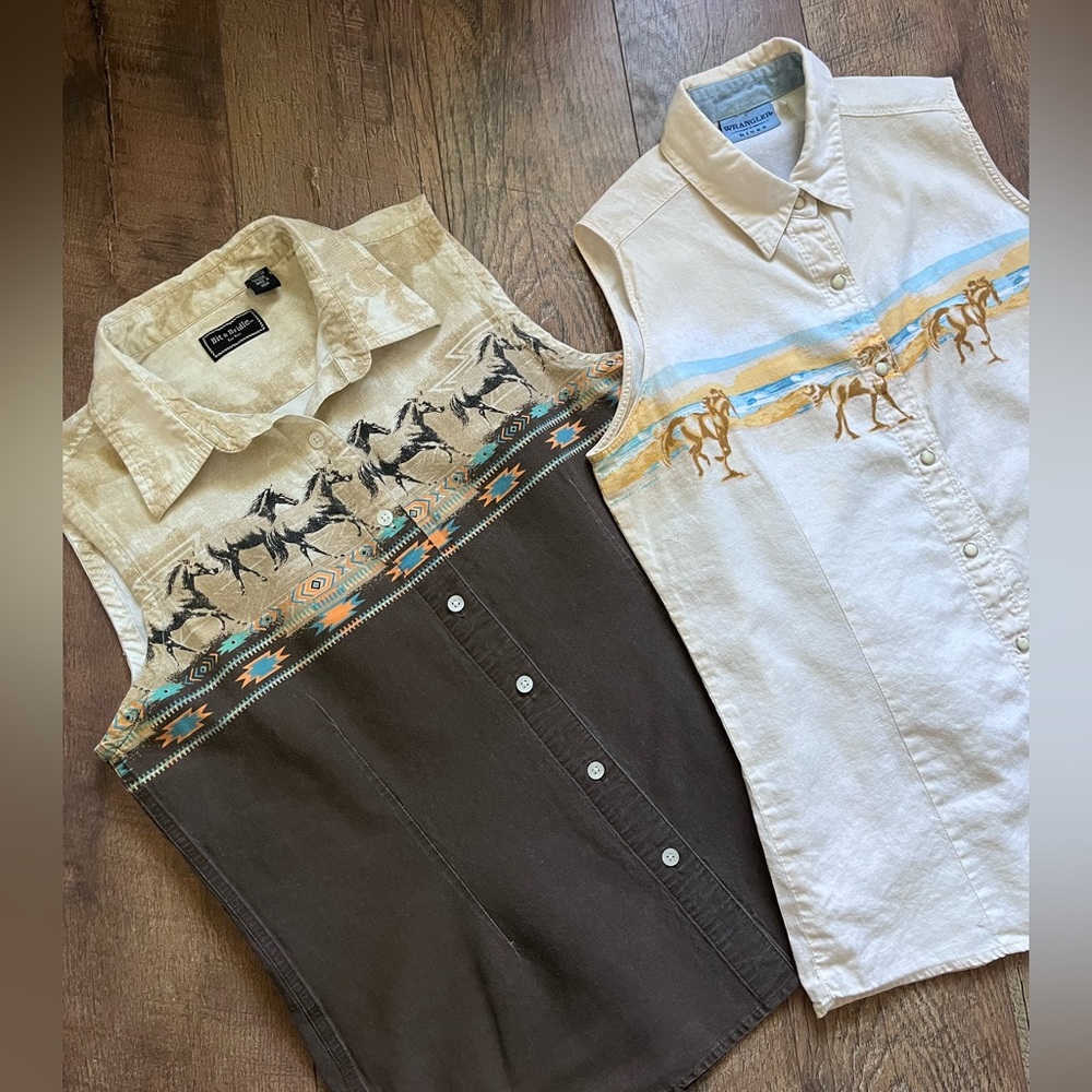 Wrangler Sleeveless Button Down Shirts - Brown and Cream - Picture 2 of 14